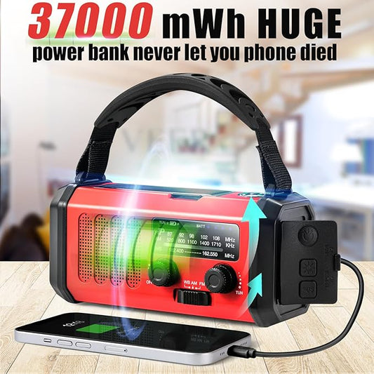 10000mAh Emergency Crank Radio, NOAA/AM/FM Weather Radio, Type-C Charge,Solar Charging,SOS, 3 Modes LED Torch, Reading Lamp, Compass for Outdoor Survival (Red)