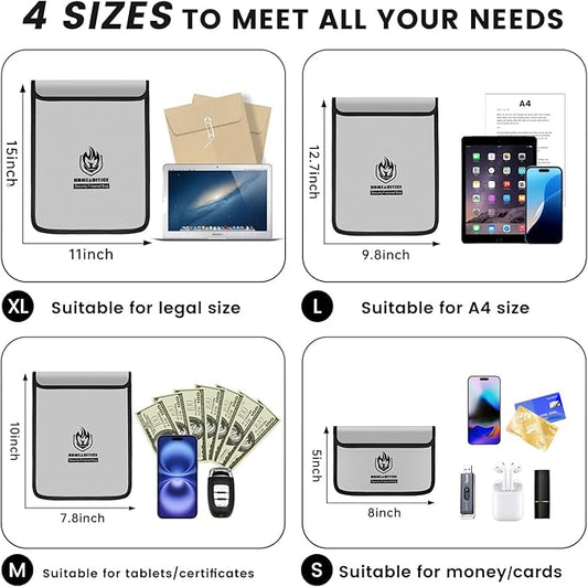 Andyer 4 Pack Fireproof Document Bags, Waterproof Document Pouch Holder with Zipper, Fire Proof Money Bag for Cash, Fireproof Envelope Fire Safe Bag, Fire Resistant Storage for Legal/A4 Size (Gray)