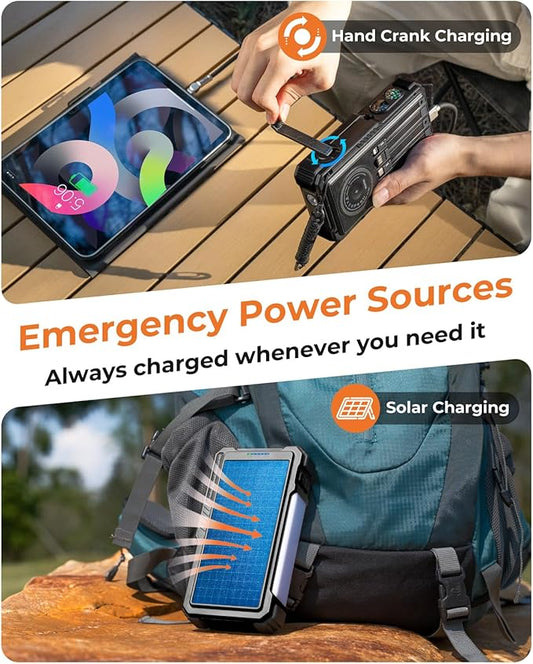 BLAVOR Solar Power Bank with Hand Crank and 4 Cables, 20000mAh Wireless Portable Charger with USB C & Camping Light, 20W Fast Charging Battery Pack for iPhone, iPad, Samsung, All Mobile Phones