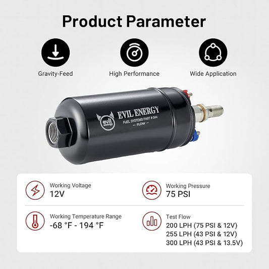 EVIL ENERGY External Inline Fuel Pump Electric 300LPH High Flow 12V with 60 mm Bracket Clamp Black