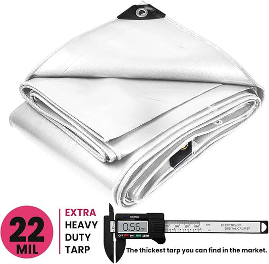 PROTARP Extreme Heavy Duty 22 Mil Tarp Cover, Waterproof, UV Resistant, Rip and Tear Proof, Poly Tarpaulin with Reinforced Edges for Roof, Camping, Patio, Pool, Boat. (White 12′ X 20′)
