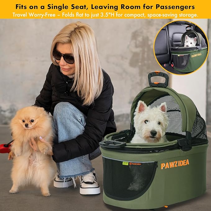 PAWZIDEA Portable Small Dog Crate for Car Travel, Enclosed Pet Car Seat for Small/Medium Dogs Cats up 33lb, Reversible No-Zip Canopy, Soft-Sided Pet Carrier Basket, Collapsible Dog Kennel, Metal Frame