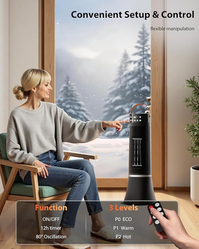Space Heaters for indoor use large room, 24" 12ft/s Electric Heater with Remote, 1500W Electric Heaters with 75°Oscillation, 1-12H Timer, PTC Electric Heater for Large Room, Bedroom Home Office