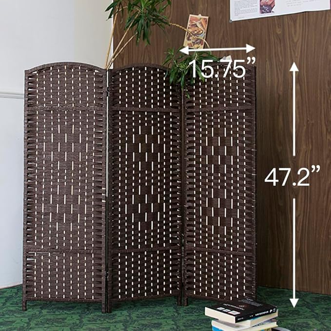 3 Panel Rattan Divider Short Room Partition Screen,Double Sided Folding Divider for Room Separation,Dark Brown,47.2" H x 47.2" W