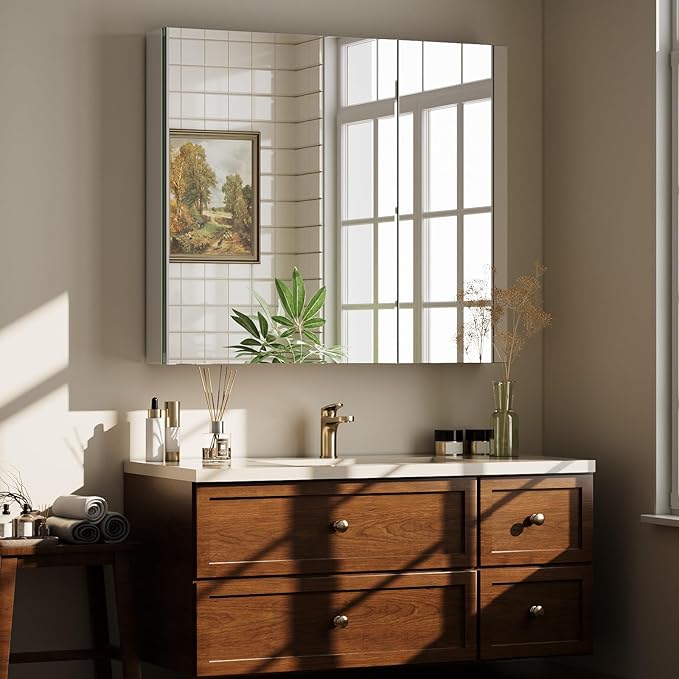 Bathroom Medicine Cabinet with Mirror, 36 Inch x 26 Inch Bathroom Mirror Cabinet with Double Door & Adjustable Shelves, Surface Mount or Recess Installation