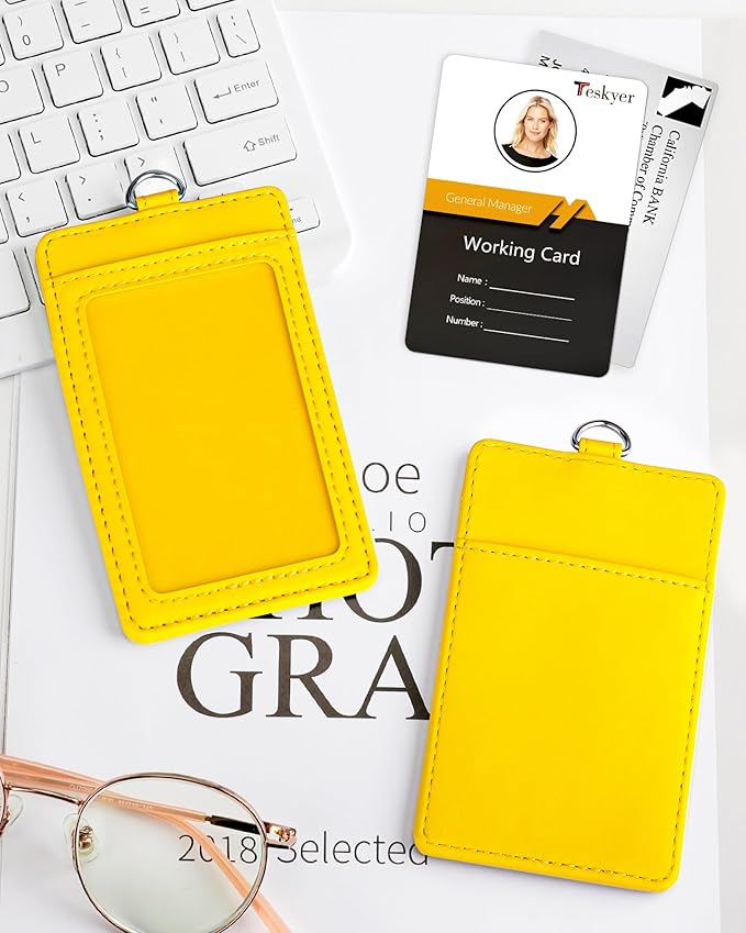 Teskyer Badge Holder with Lanyard, Leather ID Name Badge Card Holder with Lanyard for ID Badges, Vertical, Bright Yellow