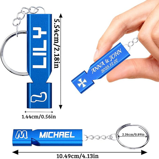 10Pcs Custom Emergency Whistles, Personalized Aluminum Safety Survival Whistle with Keychain, Engraved Name or Logo, Double Tube High Pitch for Outdoor Camping, Hiking, Boating, Fishing