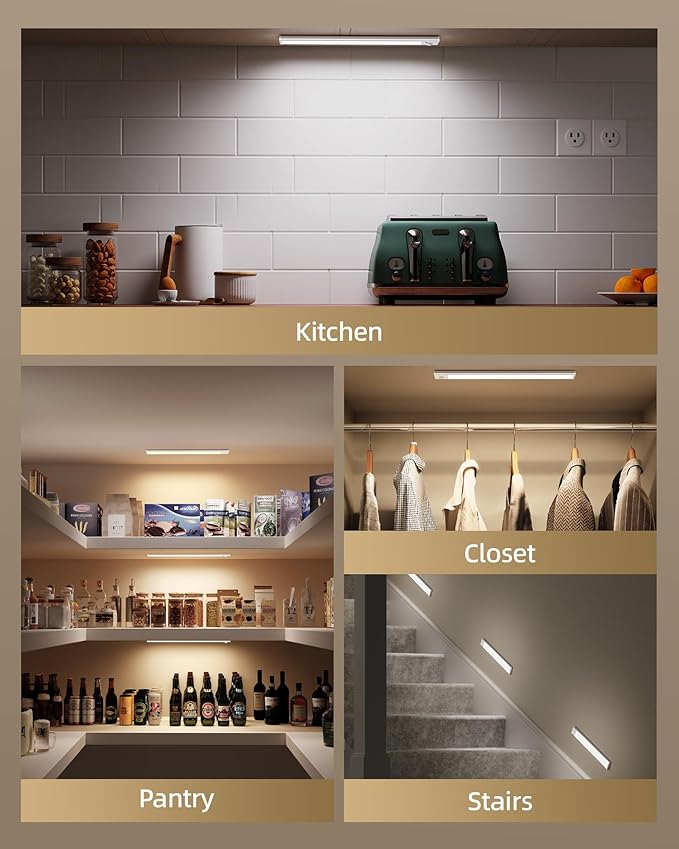 Under Cabinet Lighting, 12inch Rechargeable Motion Sensor Light Indoor, 1800mAh Battery Operated Closet Lights, with Dimmable & 3 Color Temps, Wireless Under Counter Lights for Kitchen,Stairs(6Pack) 
