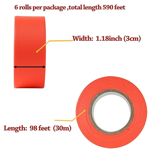 GEYYANG Fluorescent Orange Flagging Tape,3.35 Mil Thick,1-3/16" x 98ft, 6 Rolls - NO Adhesive - Survey and Mark Boundaries, Trees and Hazardous Areas - Weatherproof and Fade-Resistant