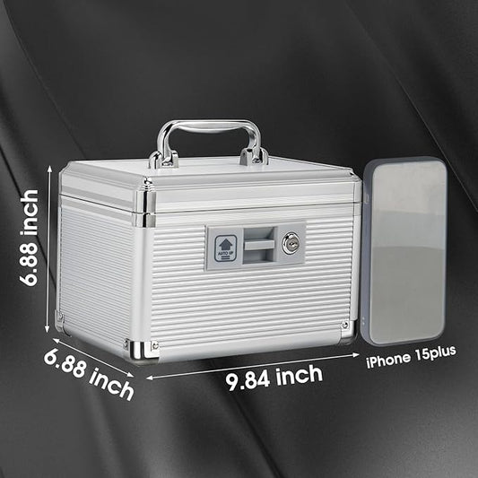 Medicine Lock Box with Key, Alluminum Alloy Box for Medication,First Aid Box with a Removeable Tray to Store Medicines & Pills for Home,Silver 10 * 6.89 * 6.89 Inch