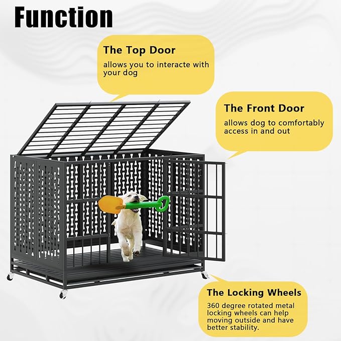 LEMBERI 48/42 inch Indestructible Heavy Duty Dog Crate with Cushion, High Anxiety Extra Large Dog Cage for Large Dogs, XL Steel Escape Proof Dog Kennel with Locking Wheels