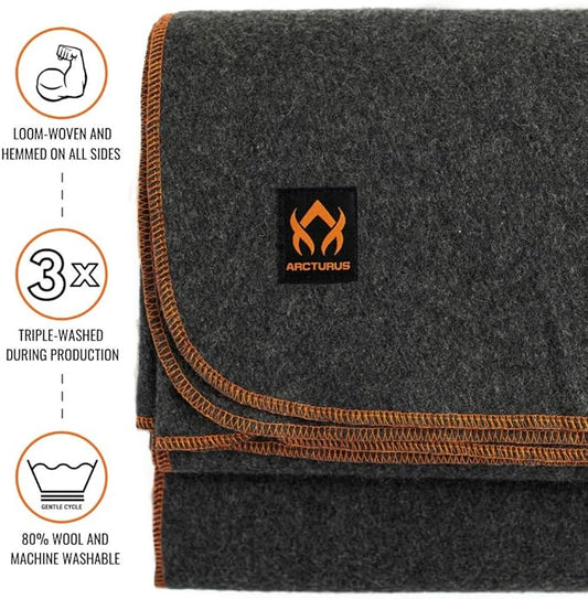 Arcturus Military Wool Blanket - Warm, Thick, Washable - Great for Outdoors, Camping, Stadium Blanket, Picnics, Travel - Car & Bushcraft Survival Kits