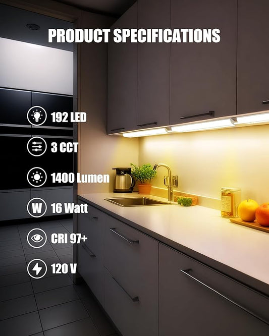 Hardwired Under Cabinet Lighting 24 Inch, 3 Color Settings - Soft White(3000K), Bright White(4000K), Daylight White(5000K), 2 Pack Linkable Dimmable Under Counter Lights for Kitchen, CRI 97