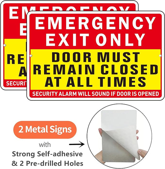 Emergency Exit Only Sign, (2 Pack) Self Adhesive Emergency Exit Sign Sticker for Door, Rust Free and Reflective Aluminum Metal Signs for Wall (9 x 6 inches, Red/Yellow)