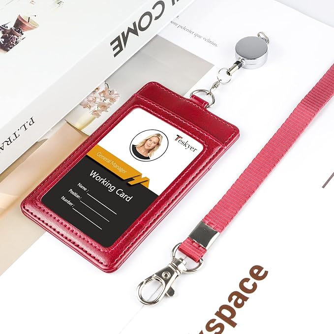 Teskyer Leather Badge Holder with Lanyard and Badge Reel, Retractable Lanyard ID Card Holder for Office School Name Work IDs, Wine Red