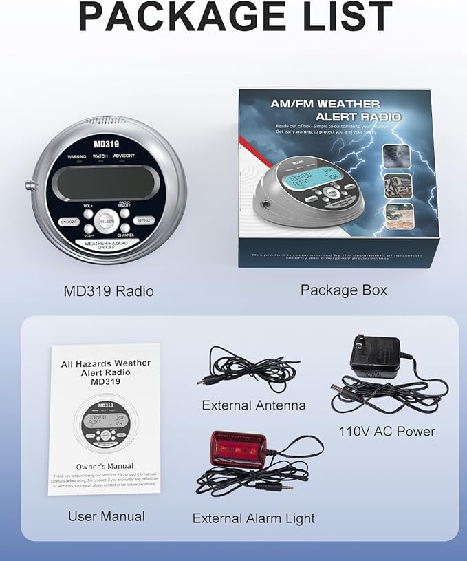 MD319 NOAA Weather Alert Radio with S.A.M.E Localized Programming, 23 County Codes & 80+ Emergency Alerts, Battery Backup, Alarm Clock, External Antenna and Warning Light for Home & Emergency