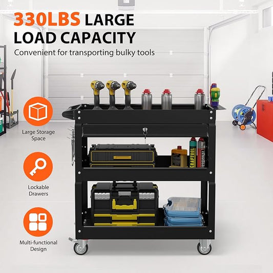 3 Tier Rolling Tool Cart with Drawers, Heavy Duty Utility Cart on Wheels, Large Storage Capability Service Cart for Garage, Warehouse and Repair Shop (Black)