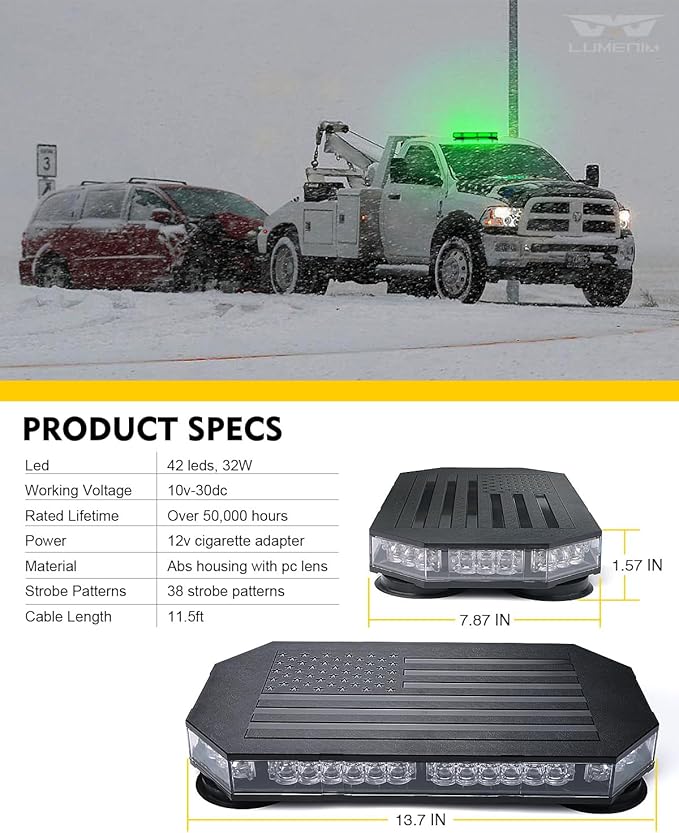 LUMENIX Green LED Rooftop Strobe Beacon Lights Magnetic Mount Emergency Flashing Safety Warning Caution Traffic Light Bar, for Law Enforcement POV Vehicles Towing Trucks Snowplow - Patented Design