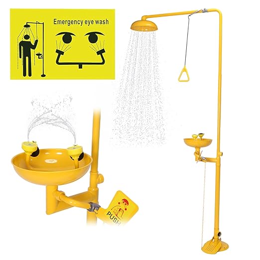 Emergency Face Eye Washing Station with Hand-Pushing Board Emergency Combination Eyewash Station with Dual Spray Head and Pedal for Laboratory Factory