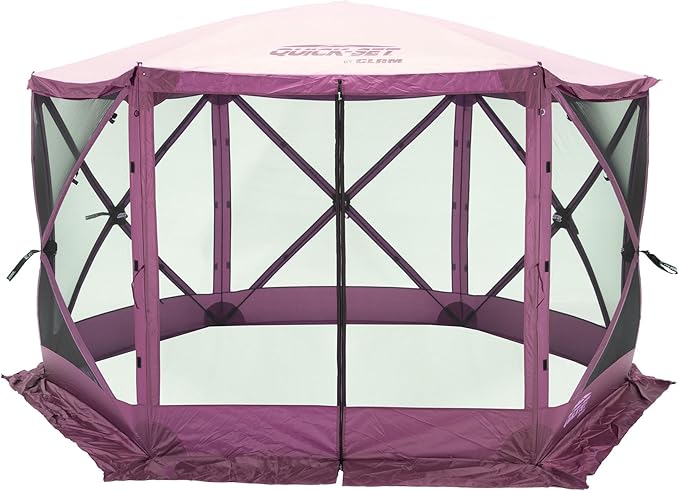 CLAM Pop-Up Screen Tent, 11.5' Outdoor Camping Gazebo, Portable 6-Sided Canopy with Ground Stakes & Carry Bag, Escape, Plum