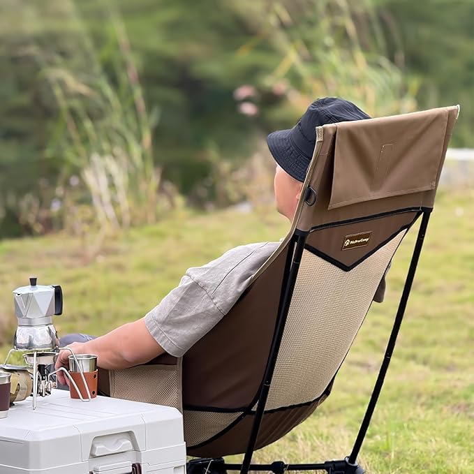 MellowCamp High Back Camping Chair, Oversized Comfort Design Collapsible Camp Chair with Pillow (Brown)