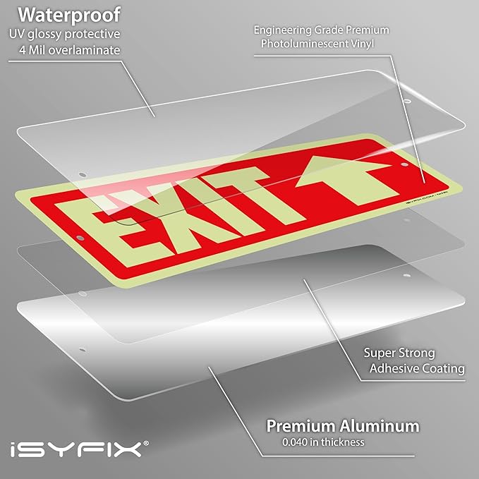iSYFIX Exit Signs with Directional Up Arrow, Glow in the Dark, Photoluminescent Aluminum 12x4 Inch - 12 Pack, Laminated for UV & Weather Resistance, Ideal for Offices, Schools, Theaters & More