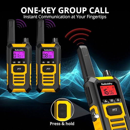 Radioddity HD-1 IP67 Heavy Duty Walkie Talkies, Waterproof Dustproof Shockproof Long Range Two Way Radio with One-Key Group Call, Vibrate Alert, SOS, Dual PTT, USB-C Charging for Hunting, 6 Packs