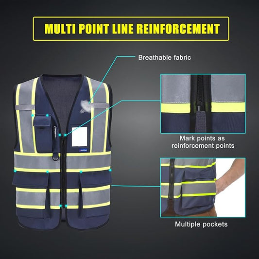 AYKRM Security Vest for Men Women 7 Pockets High Visibility Reflective Safety Vest Front Zipper Meets ANSI/ISEA