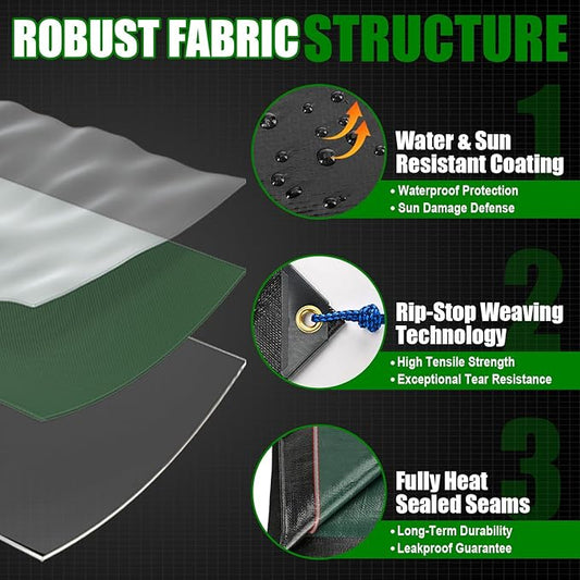 Sunvigor Tarp Waterproof 12x16Ft, Extra Thick 16 Mil Heavy Duty Tarp Cover, Tear & Fade Resistant, Outdoor Tarps with Brass Grommets and Reinforced Edges for Roof, Camping, Patio, Boat (Black/Green)