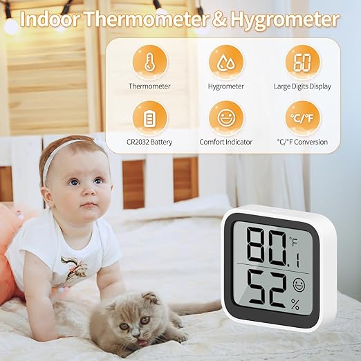 NOKLEAD Thermometer Humidity Meter Inside Mini Hygrometer Monitor Room Temperature Measuring Device with Face Icon Comfort Indicator ℃/℉ Switch for Baby Room Greenhouse Office Living Room(2)