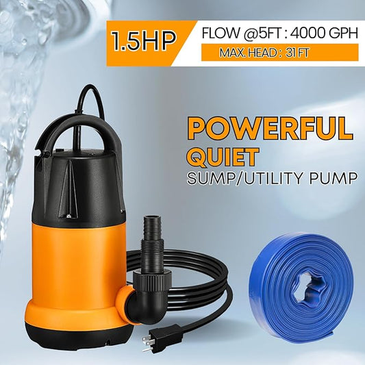 Submersible Water Pump With 25ft. Hose Kit, Sump Pump, Utility Pump with 25-Foot Power Cord, 4000GPH, Portable Water Pump for Swimming Pools, Garden Ponds, Basements, Multi-Purpose Drainage