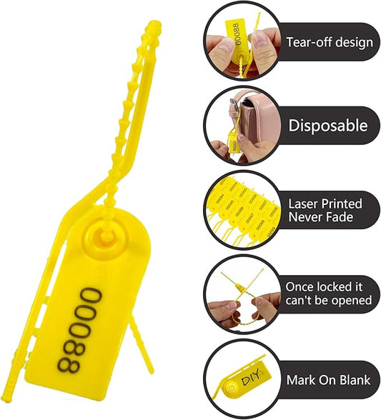 1000 Plastic Security Seals Secure Anti-Tamper Fire Extinguisher Tags Numbered Zip Ties Inspection Tags Breakable Label Tags Pull Tite Safey Tags for First Aid Kits, Clothes,Bags (Yellow)
