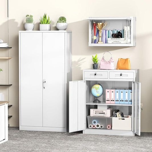 Greenvelly Metal Storage Cabinet with Drawers, 42” White Steel Garage Storage Cabinet with 2 Doors and Adjustable Shelves, Locking Office Storage Cabinets, Tool Metal File Cabinet for Office School