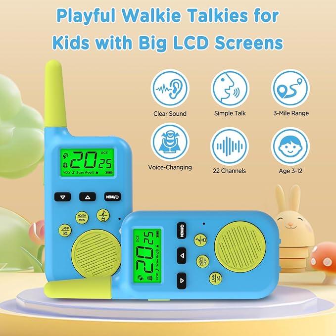 Peakeep Walkie Talkies for Kids Long Range 3 Miles, Voice-Changing Toys Gifts for 3-12 Years Old Boys Girls, 2 Way Radios Big LCD Screen, Flashlight, Camping Hiking Outdoor, Battery Operated, 2 Packs