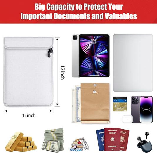 Upgraded 2 Pockets Fireproof Document Bag(2000℉) - Mondoshop 15”x 11”Heat Insulated Fireproof Money Bag with Zipper for Cash, Important Document Organizer for Documents, Valuables, Passports