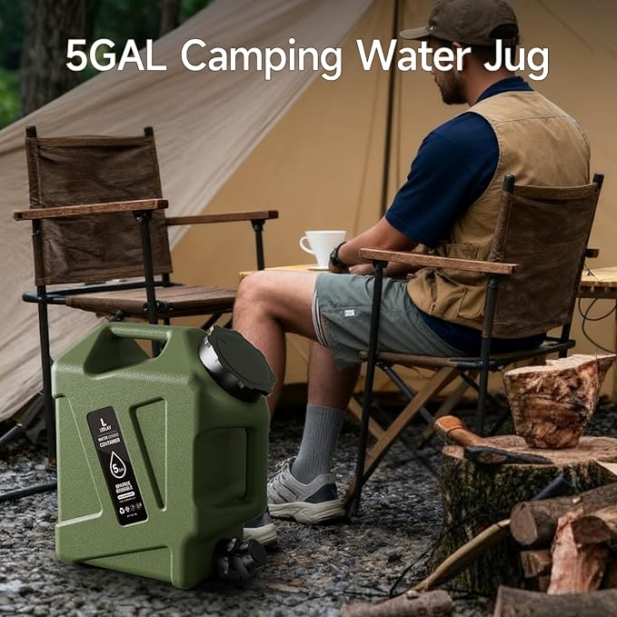 5GAL Camping Water Jug, Portable Water Storage Container with Spigot, Leak-Proof Lid & Dual Handles, Outdoor Water Tank for Camping, RV, Emergency Preparedness
