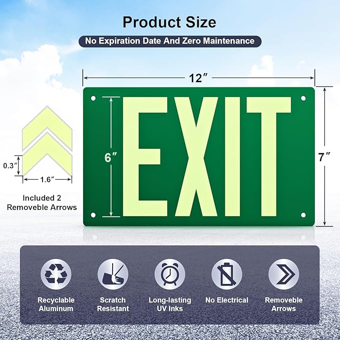 Photoluminescent Exit Sign Aluminum - Adhesive Backing Glow In The Dark - Removable Arrows Included - Pre-drilled Holes - 12x7 Inches - Non Electrical Green Exit Light For 50 Feet Visibility (2 Pack)