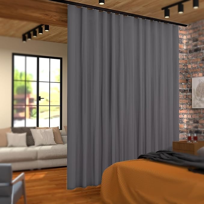 Room Divider Curtains Blackout Ceiling Track Curtain with Hook Wall Mount Sliding Door Curtains Ceiling Mount Extra Wide Curtain Wall Divider for Room Separation (Grey, W180 x H108 Inch)