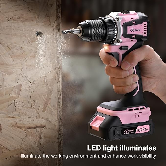 20V Brushless Cordless Lithium-Ion Drill Set, Compact Design, Pink Rechargeable Lithium-Ion Drill Kit, including 2.0Ah Battery, Charger and 3/8-inch Keyless Chuck (Pink)