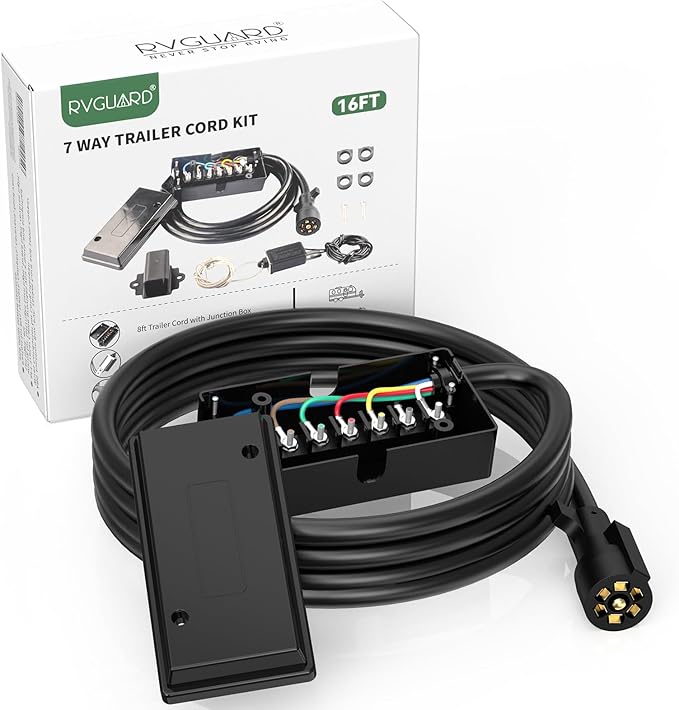 RVGUARD 7 Way 16 Foot Trailer Cord with 7 Gang Junction Box Kit, Include 12V Breakaway Switch and Plug Holder, Trailer Connector Cable Wiring Harness with Waterproof Junction Box