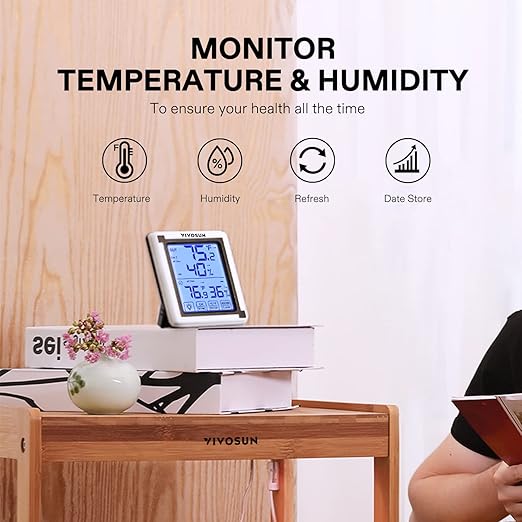 VIVOSUN Indoor Outdoor Thermometer Wireless Digital Hygrometer Temperature and Humidity Monitor with Touchscreen LCD Backlight, 200ft/60m Range, Battery Included