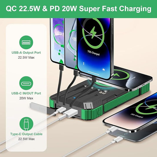 Solar Charger Power Bank 49800mAh Portable solar panels QC 3.0 22.5W Wireless Fast Charging with 6 Outputs for Cell Phones, Built in 4 Cables,USB C Waterproof Battery Pack for Camping,LED Flashlight