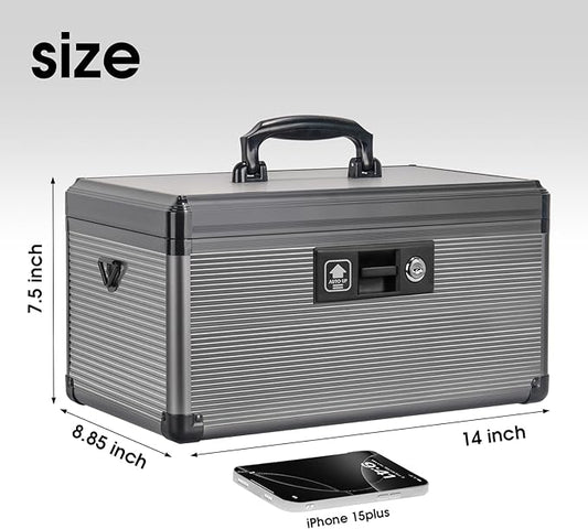 Medicine Lock Box with Key, Alluminum Alloy Box for Medication,First Aid Box with a Removeable Tray to Store Medicines & Pills for Home, Black, 14 * 8.46 * 7.48 Inch