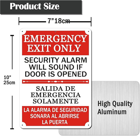 2 Pack Emergency Exit Only Bilingual Sign, 10 x 7 Inches Rust Free Aluminum Sign, UV Resistant, Scratch, Waterproof and Weatherproof, Indoor/Outdoor Use. Easy to Mount
