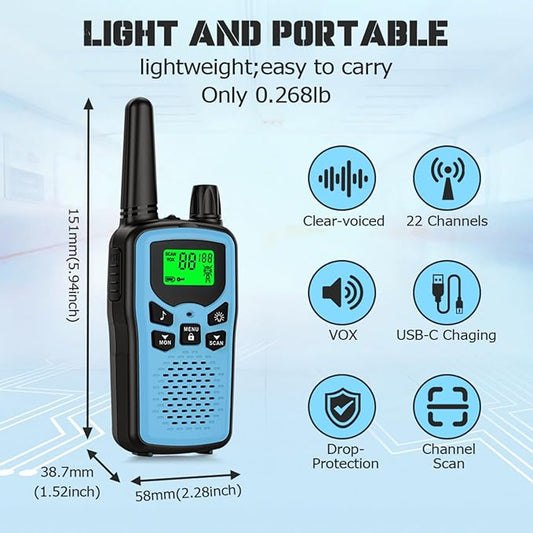 Rechargeable walkie talkies for Adult walkie talkies Long Range, 22 Channel FRS 2-Way Radios Walky Talky with LED Flashlight for Climbing, Camping Trip and Family Emergency Kit(2 Pack Blue).