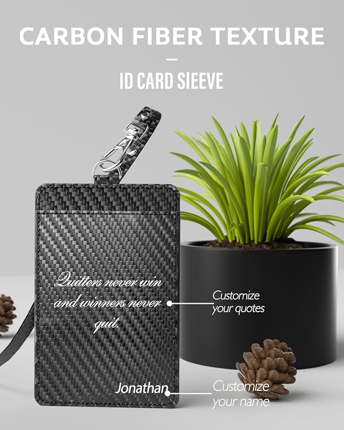 Carbon Fiber Work ID Card Holder with Lanyard is a Stylish and Durable Card Holder with Dual Card Capacity, Clear Display Window and Privacy Back Pocket (Black Customized)