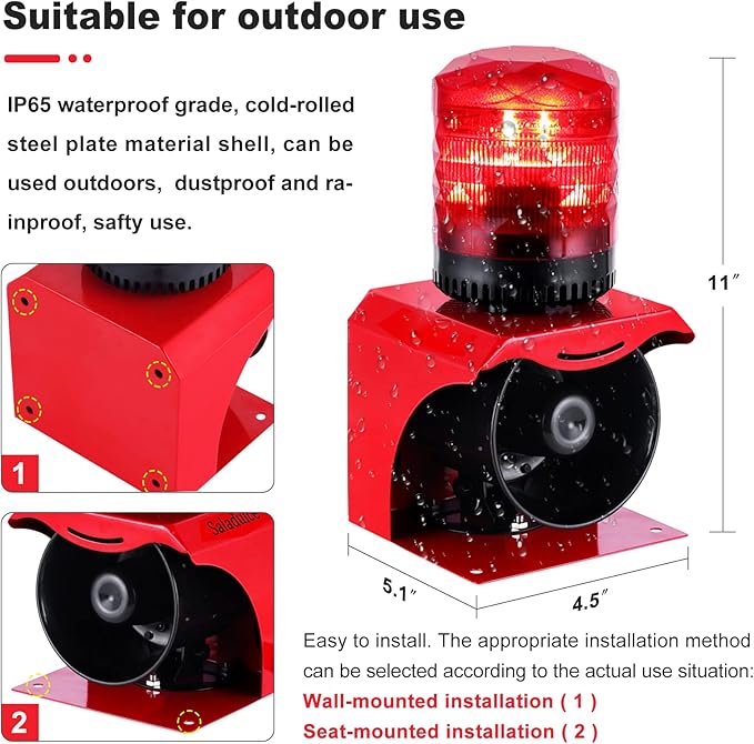 120dB Industrial Siren Alarm, IP65 Outdoor Sound and Light Alarm,, Adjustable Volume & Tone for Home, Office, Factory, Warehouse (Industrial, 110, V)