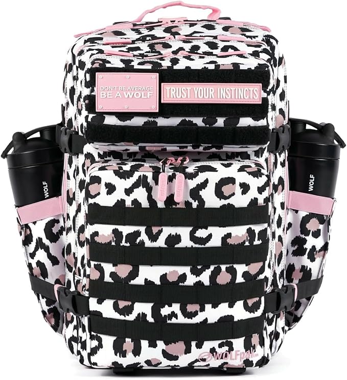 WOLFpak 45L Athletic Gym Backpack - Durable 1000D Waterproof Oxford Material w/MOLLE Webbing, Laptop Pocket & Dual Cup Holders, Durable Everyday Gym Backpack (Leopard Pink Zip)
