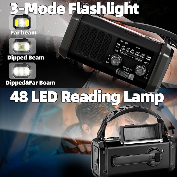Hand Crank Emergency Radio,37000mWh Solar Powered Portable NOAA AM FM Weather Radio with 3Mode Flashlight and Reading Light,Cell Phone Charger,Home and Emergency Distress Signal (Black)