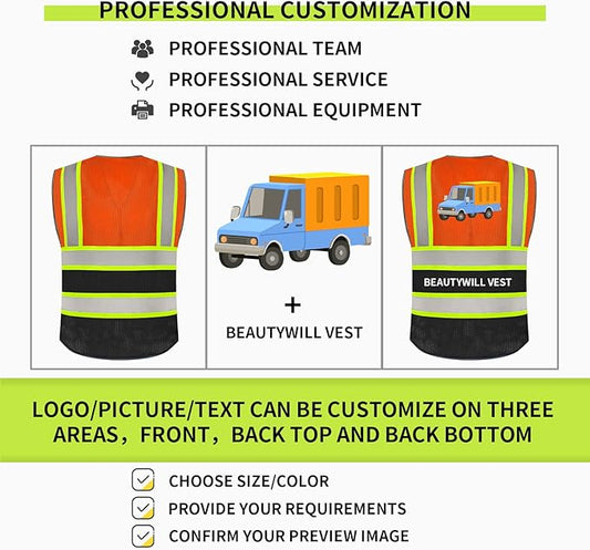 BeautyWill 10 Pack Custom Logo Safety Vest ANSI Class 2 High Visibility Reflective Vest Personalized Construction Vest Bulk